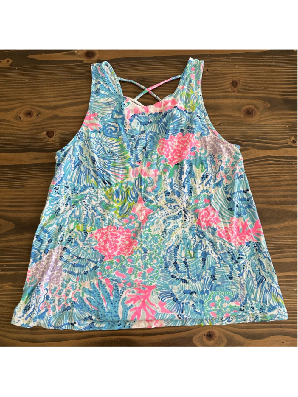 Women's Lilly Pulitzer Blue Pink Floral Criss-Cross Back Tank Top Resort Summer